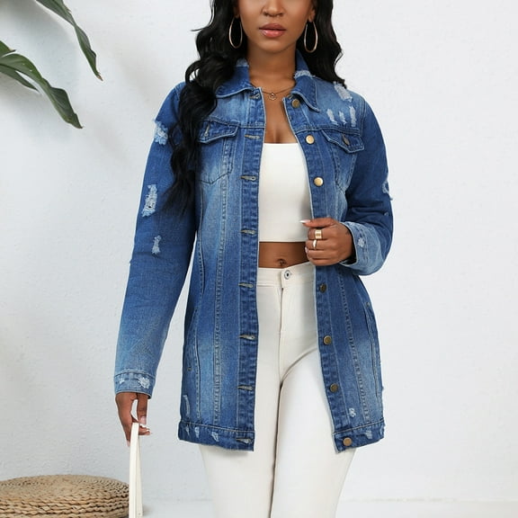 Denim Jacket for Women Lapel Button-Up Pockets Denim Jacket Solid Long Sleeve Casual Jacket Coat,Womens Coats Plus Size Dark Blue XXL