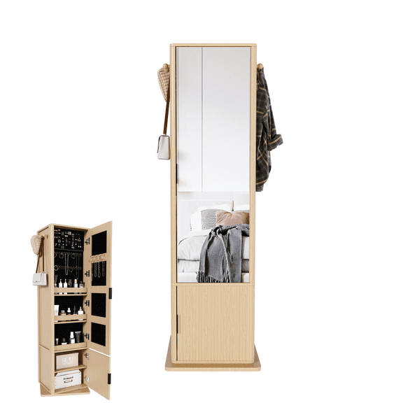 360° Rotating Makeup Jewelry Armoire Cabinet Mirror Jewelry Cabinet Standing 4 Layers of Open Shelves and 2 Layers of Built-In Shelves for Bedroom