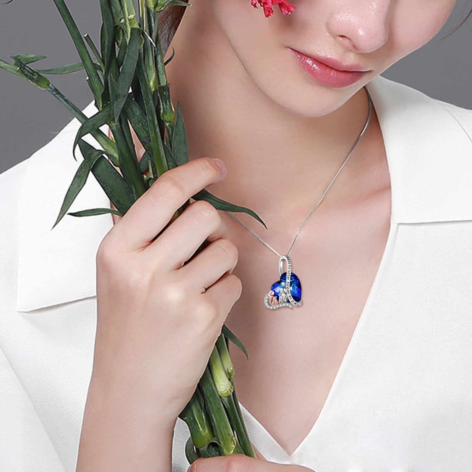 WINNICACA Friendship Necklace for 2 Sisters 925 Sterling Silver with Blue Heart Crystal Necklaces Jewelry Best Friend Birthday Anniversary Mothers Valentines Day Gifts for Women