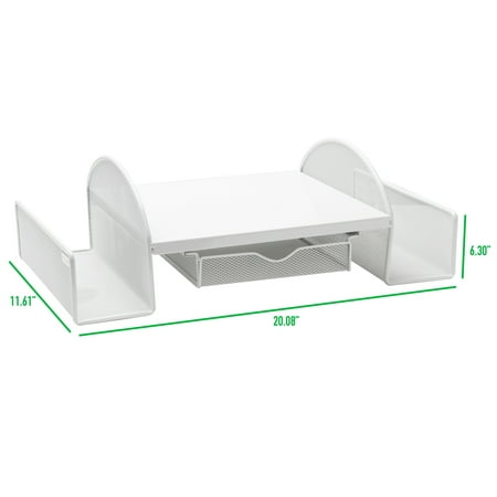 Mind Reader - Mesh Monitor Stand, Wire Screen Riser with Side Storage File Pockets - White