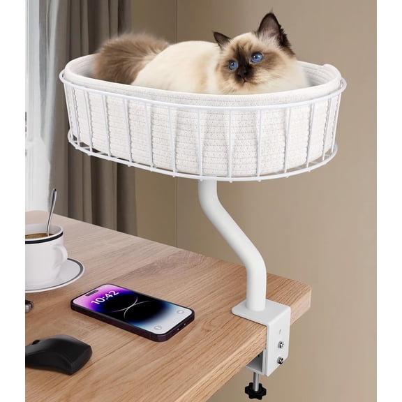 Cat Desk Bed - Sturdy Cat Bed for Desk Support 45lbs,Indoor Desktop Cats Beds for Tables Game Office Desks Attachment,17"x13" Removable Cotton Cats Nest,Heavy-Duty Metal Frame and Clamp (White)