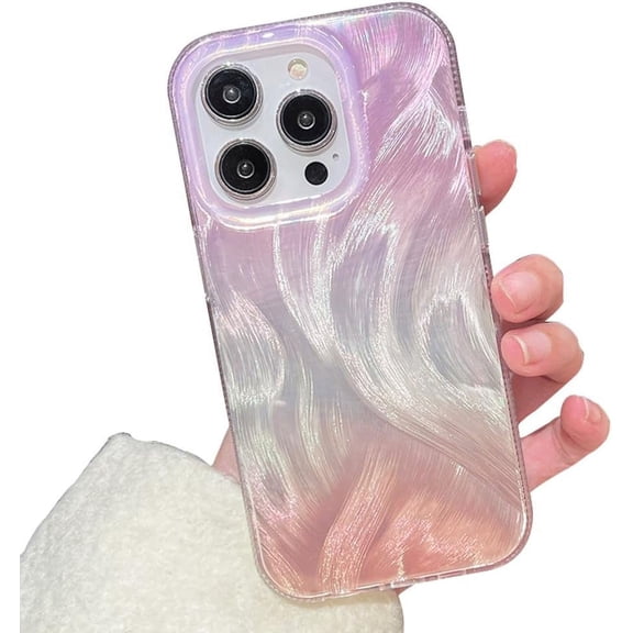 Gradient Feather Laser Curly Wavy Texture Aesthetic TPU Case Compatible with iPhone Case (iPhone 13,Pink-Orange)