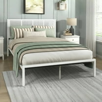 Tcbosik Eastern King Size Platform Bed, Metal Bed Frame with Faux Cane Headboard, No Box Spring Needed, White