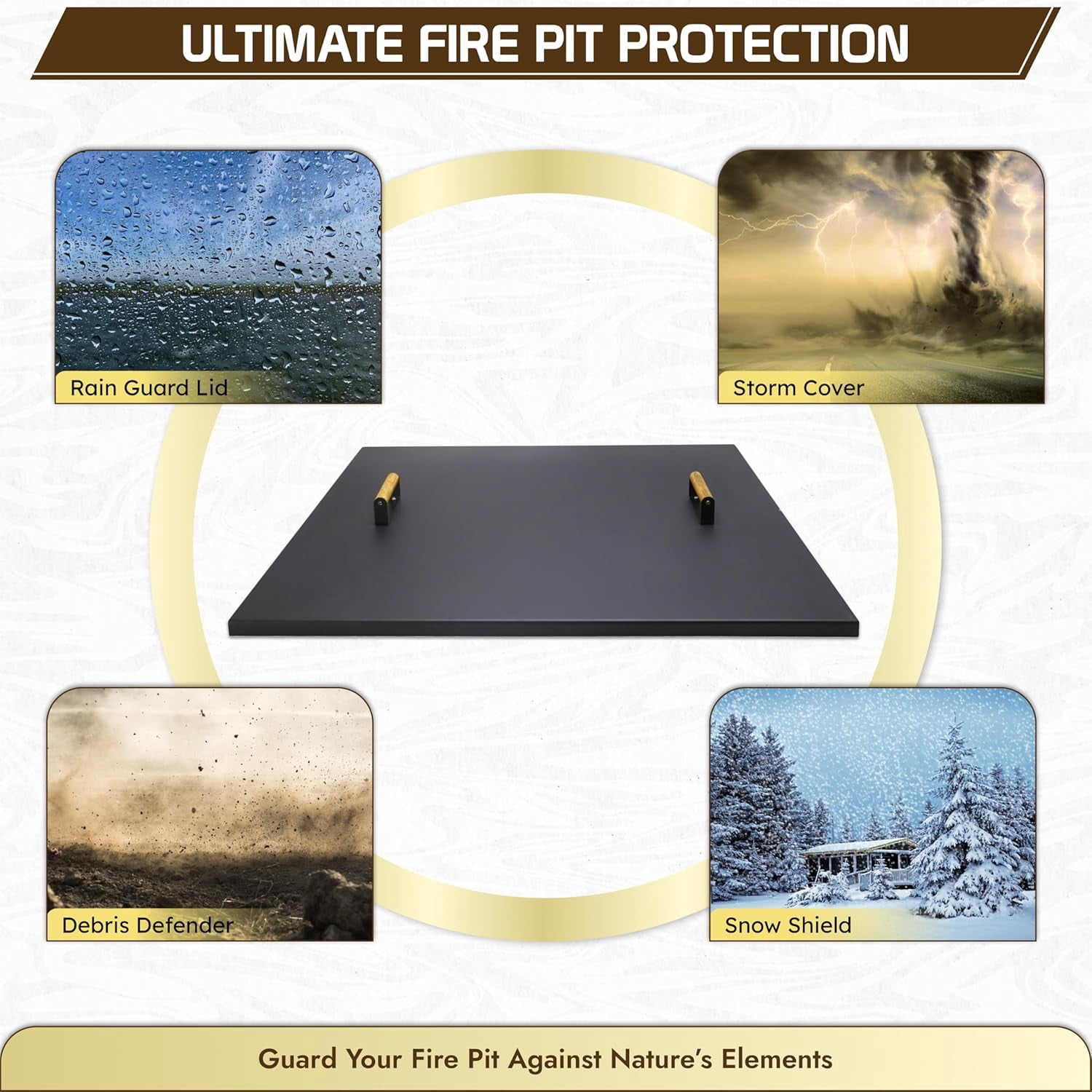 Febtech -34" Square Fire Pit Snuffer Lid - Carbon Steel Fire Pit Pan Lid for 32" FirePit- Steel Cover with Wooden Handles FirePit Shield for Outdoor Burner Cover Camping Accessories