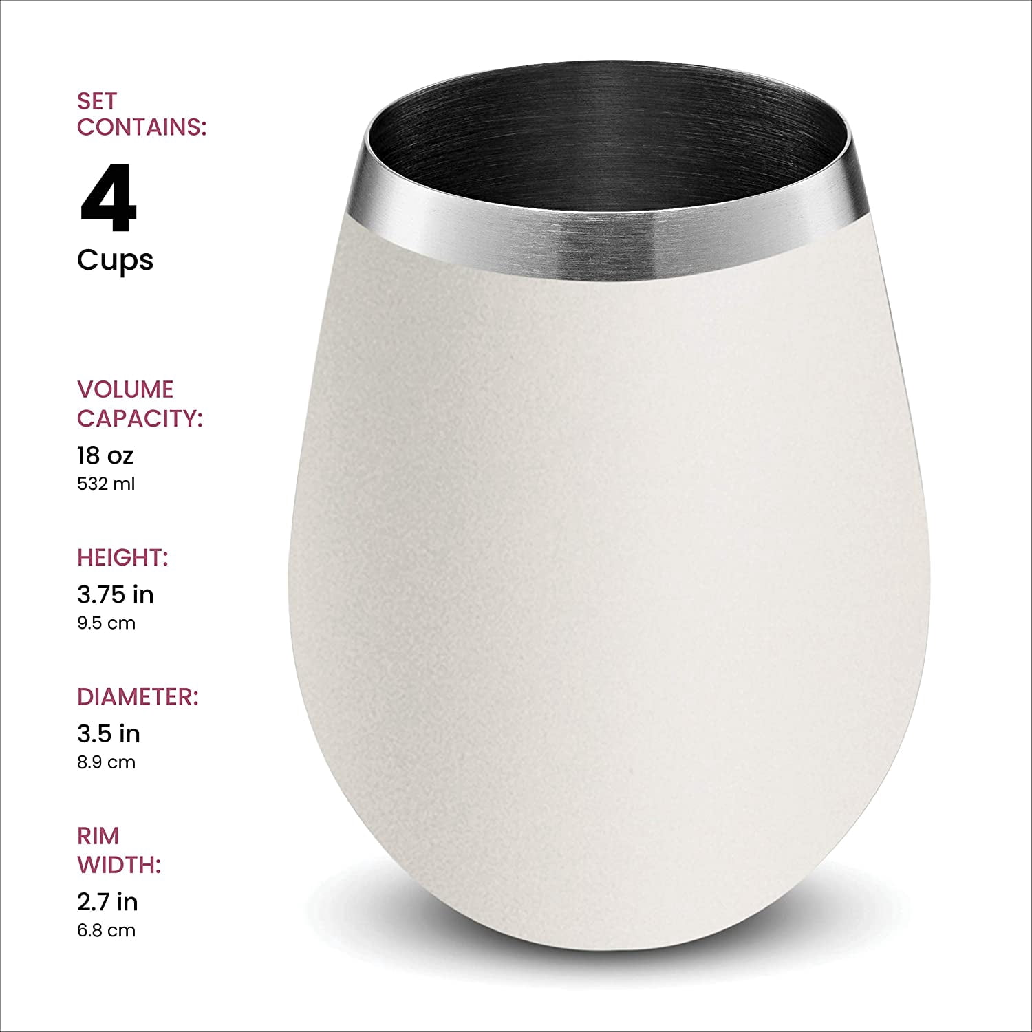 Stainless Steel Unbreakable Wine Glasses - 18 Ounce Set of 4 Wine glasses. Premium Grade 18/8 Stainless Steel Red & White Stemless Wine Glasses set, (Pure Pearly White)