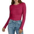 thumbnail image 2 of UTSJKR Women's Tops 2026 Spring Fashion Long Sleeve Crewneck Blouse Slim Fit Textured Basic Knit T Shirt Y2k Stretch Base Layer Undershirt Hot Pink M, 2 of 8