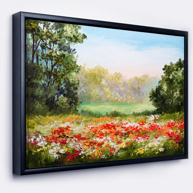 Designart - Poppy Field with Sky - Landscape Art Print Framed Canvas
