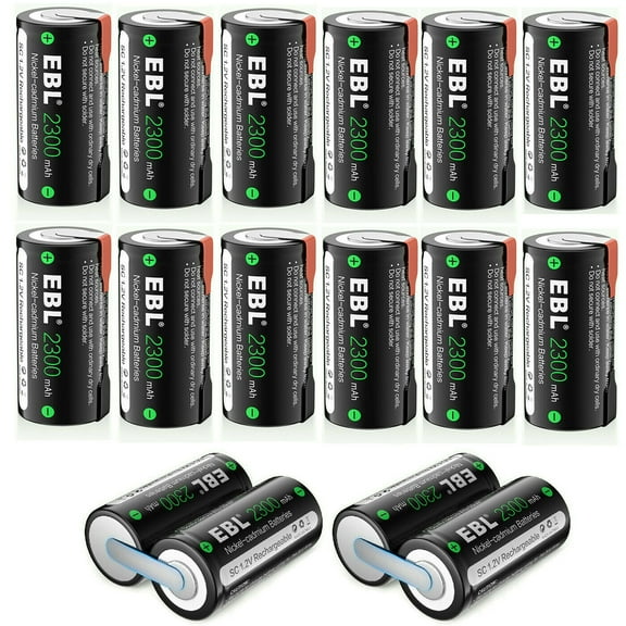 EBL 2300mAh Sub C NiCd Rechargeable Batteries for Power Tools 1.2V Flat Top Sub-C Cell Batteries with Tabs, 16 Packs
