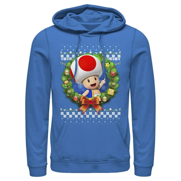 Men's Nintendo Christmas Toad Wreath Pull Over Hoodie Royal Blue 3X Large