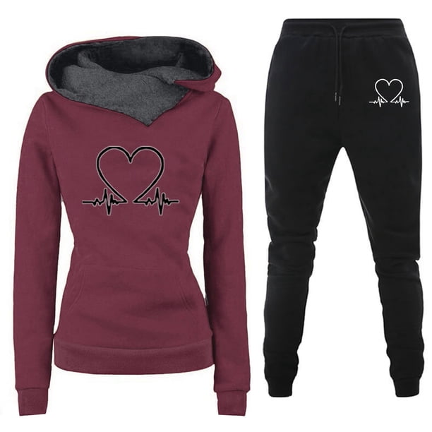 Gibobby Conjunto dama pants y sudadera afelpada Conjunto de pantalones cálidos y sudadera con capucha con estampado de corazones para mujer(Rojo,G)