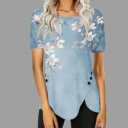 Jinhomg Vintage Floral Tunic Tops for Women Short Sleeve Irregular Hem Shirts Elegant Summer Blouses Sky Blue S
