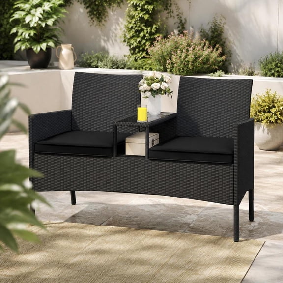 Black Pe Rattan Patio Loveseat with Built-in Table, 2 Seat Cushions, Tempered Glass Top, Metal Frame