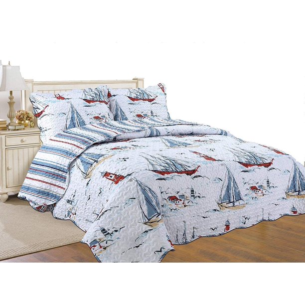 Sailboats & Lighthouses Nautical Coastal Cottage Beach King Quilt