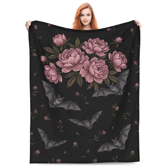 Gothic Blanket, Floral and Bat Flannel Throw Blanket, Soft Warm Lightweight Cozy Plush Halloween Goth Blanket, Home Decor Gift for Women 50x40