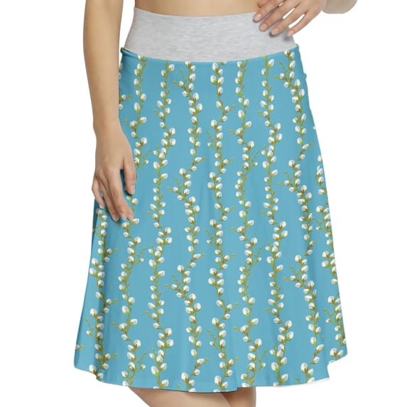 Women's Pussy Willow Fluffy Branches Buds A-line Printed Skirt Casual Wear, 3XL, Pale Grey Pale Blue, by Ambesonne