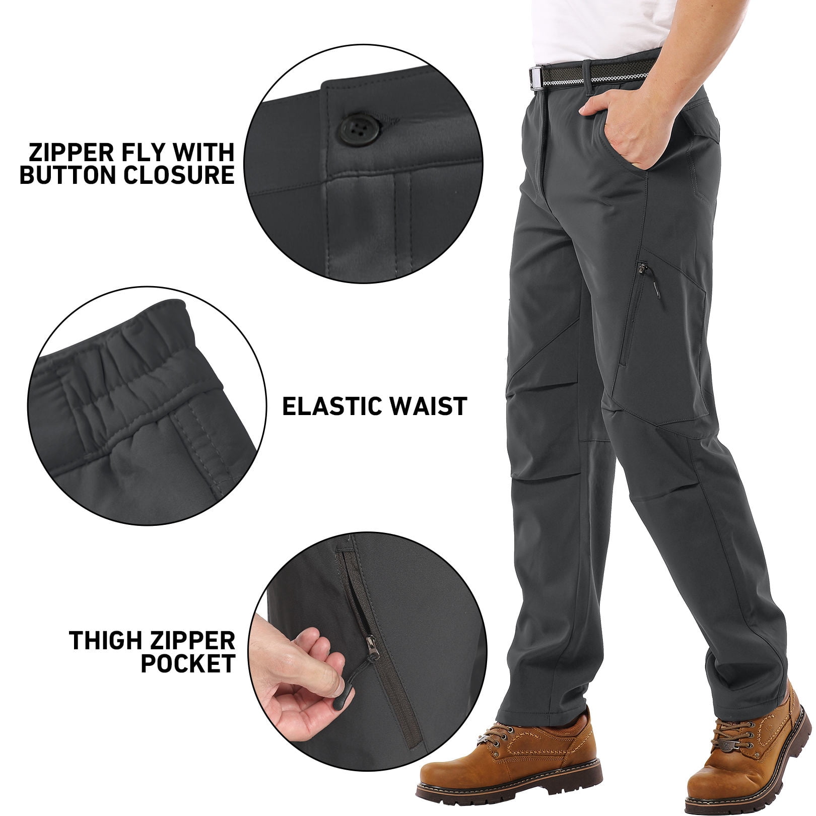FEN AI Snow Ski Pants Men Waterproof Softshell Pant Snowboard Trousers Fleece Lined Outdoor Hiking Cargo Pants with 6 Pockets