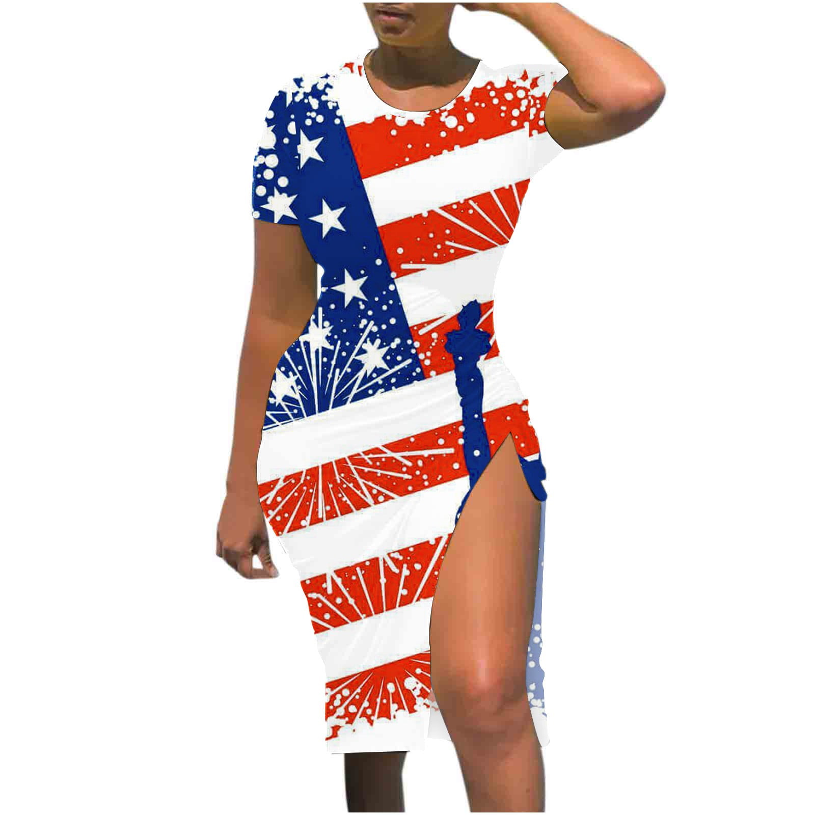 4th of July Cocktail Dresses for Womens Short Sleeves Bodycon Dress ...