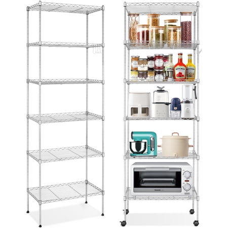 6 Tier Wire Shelving Unit, Space-saving Steel Storage Shelf Rack, Standing Metal Shelf Organizer Height Adjustable Display Shelf with 4 Hooks for Kitchen, Garage, Office
