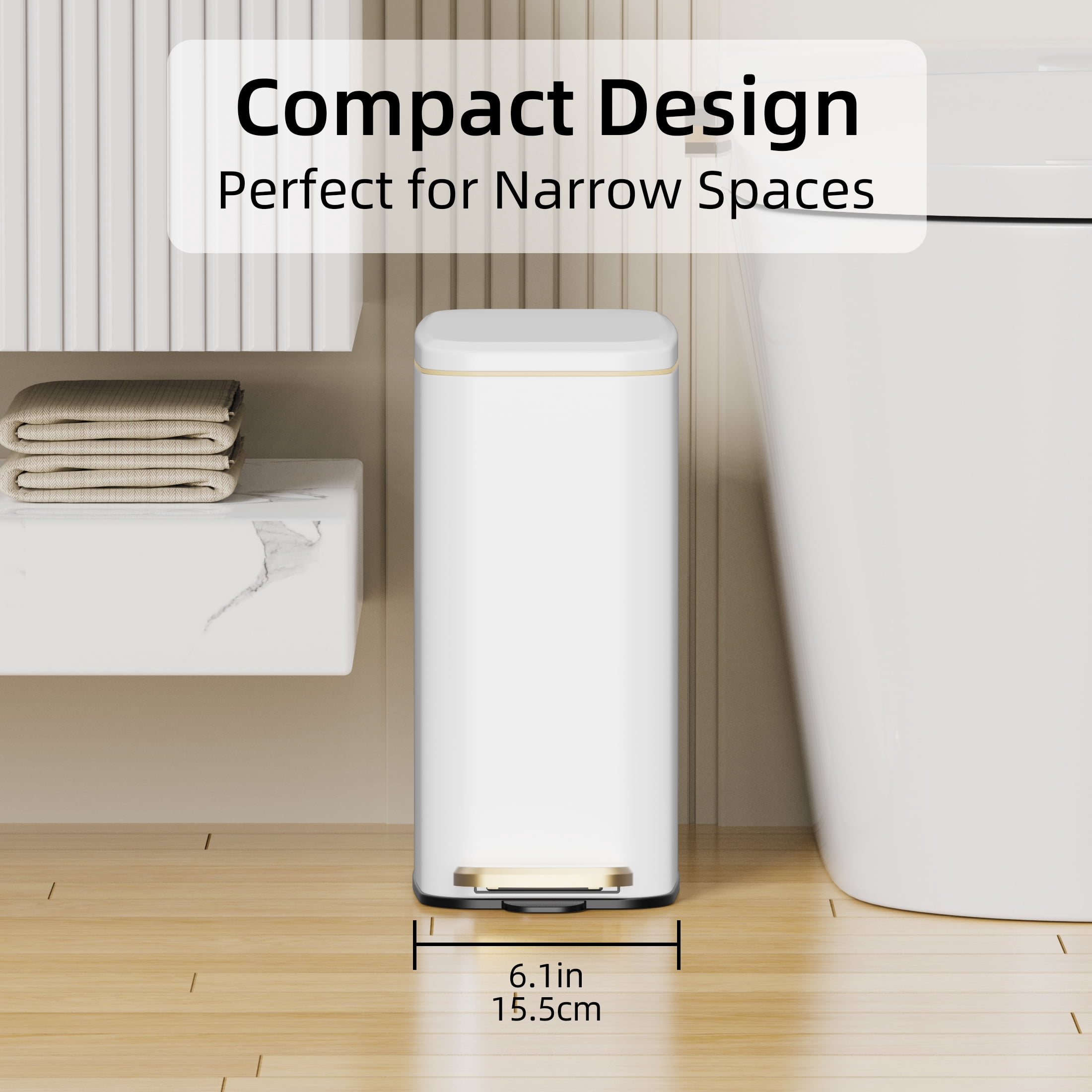 KSSKSS 1.6 Gallon/6L Small Bathroom Steel Step Trash Can, Soft-Close Lid & Fingerprint-Proof, Slim Wastebasket for Narrow Spaces (White)