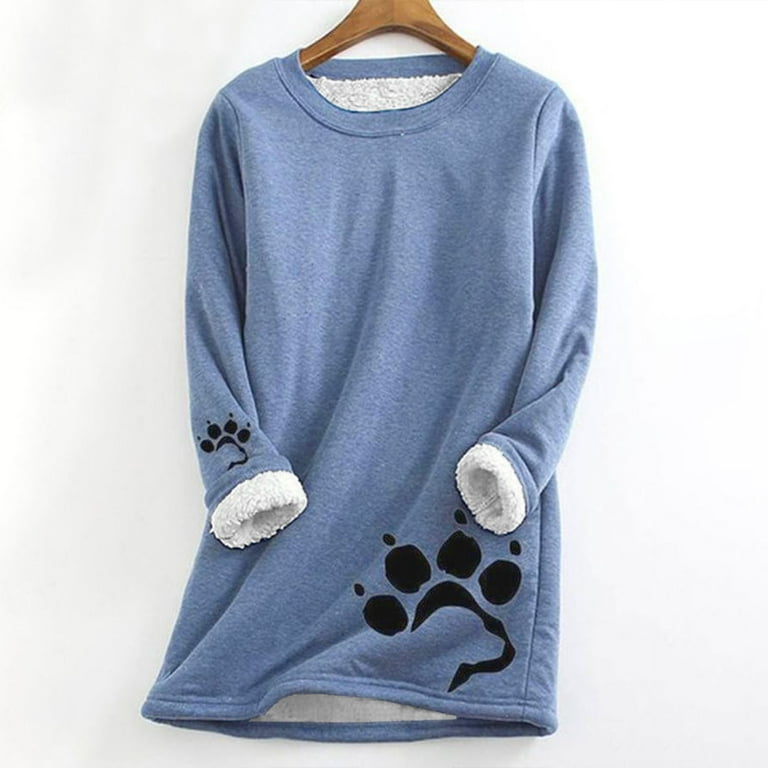 Dyegold Fleece Sweatshirt Women Holiday Savings Long Sleeve Ladies Thermal Shirts Dog Paw Print Winter Sherpa Lined Tops Cute Teen Girls Fuzzy Loungewear Fluffy Casual Undershirt Thick Warm Pullover W...