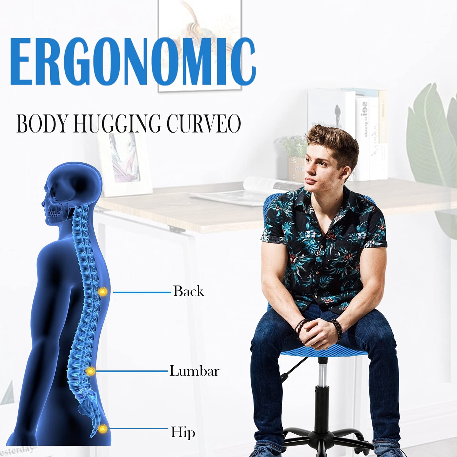 Armless Office Chair Ergonomic Desk Chair Computer Chair Mesh Home Desk Chair with Adjustable Lumbar, Rolling Swivel Office Chair Mid-Back Task Chair for Adults (Blue)