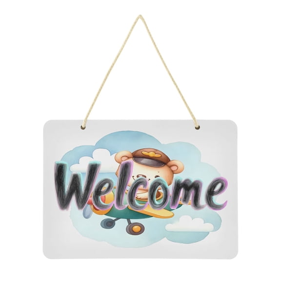 Welcome Sign for Front Door Farmhouse Wall Porch Fall Home Outside Indoor Christmas Decor 14"x10" PVC Cute Bear in Airplane