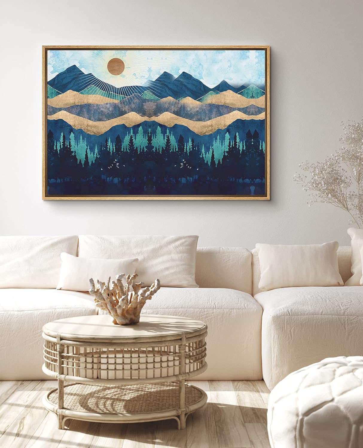 wall26 Framed Canvas Print Wall Art Woodland Nursery Decor Blue Mountains  amp; Forest Under Shining Sun Abstract Wilderness Modern Art Rustic Scenic  for Living Room, Bedroom, Office 16quot;x24qu