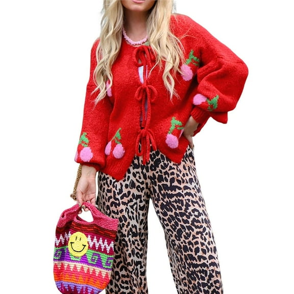 Womens Tie Front Cardigan Cute Cherry Open Front Y2k Sweater Oversized Chunky Knit Cardigan Tops Red S