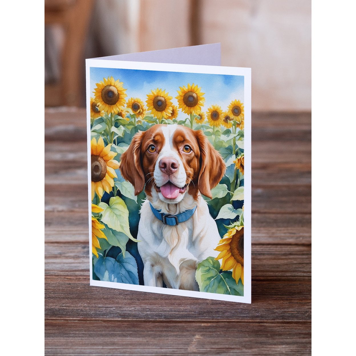 Brittany Spaniel in Sunflowers Greeting Cards Pack of 8 7 in x 5 in