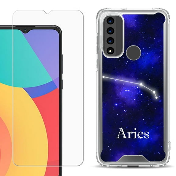 Shockproof Bumper Phone Case for TCL 20 XE, with Tempered Glass Screen Protector, by OneToughShield ® - Zodiac / Aries