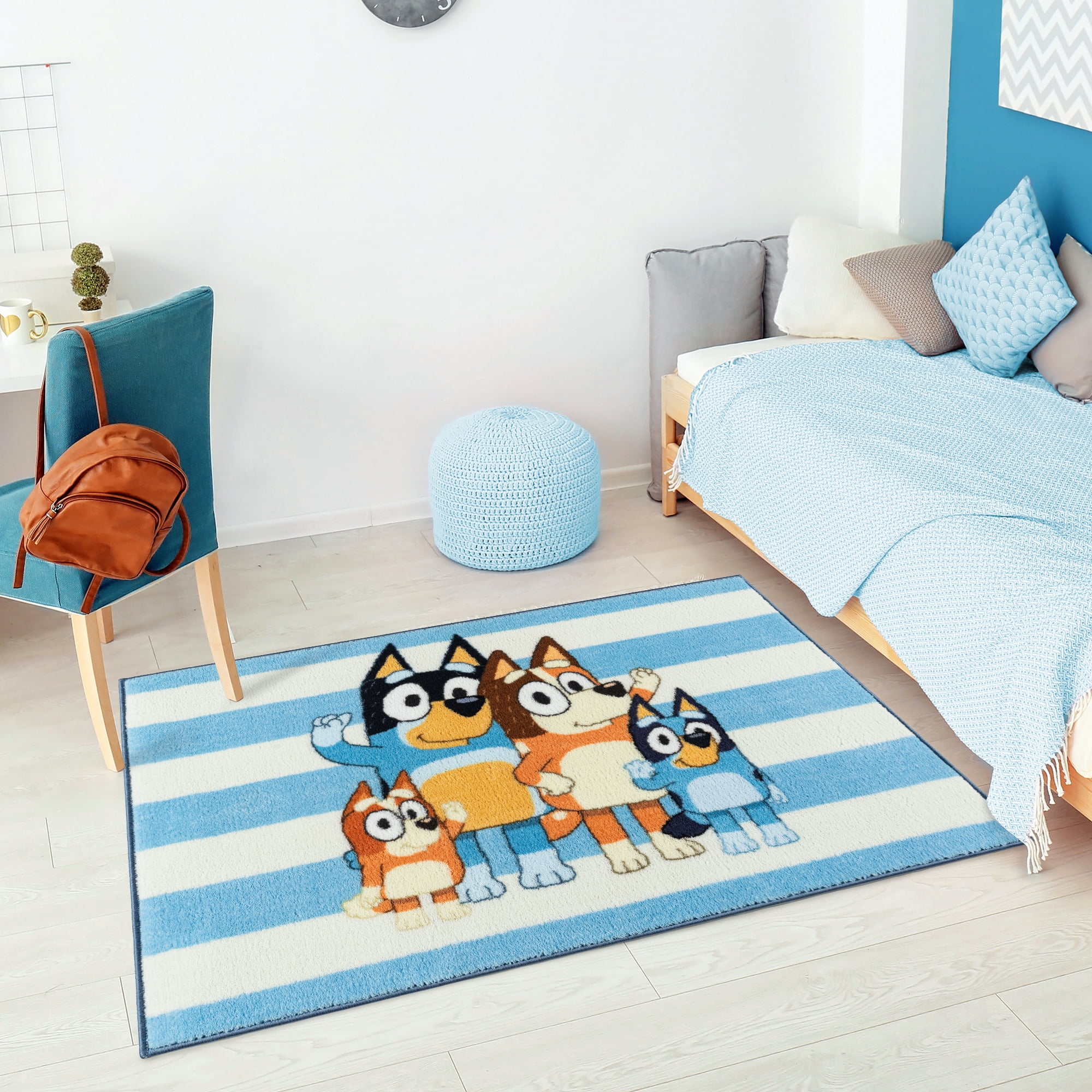 BBC Bluey Family Stripe Blue White Multi Polyester Easy-Care Printed Youth Indoor Area Rug, 32x46