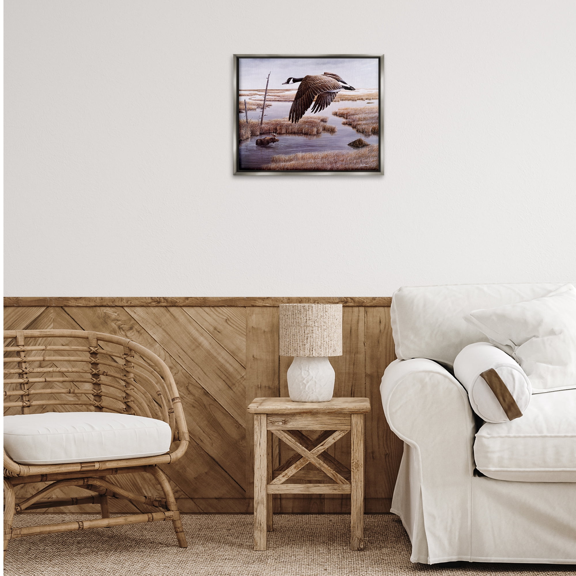 Stupell Industries Goose Over Creek Animals Painting Gray Floater Framed Canvas Art Print Wall Art, 21 x 17