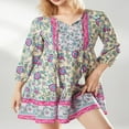 thumbnail image 2 of Femmes Boho Mini Robe Florale Lanterne Manches V-Cou Bouton Volant Robe Plage Vacances d'Été Robe, 2 of 6