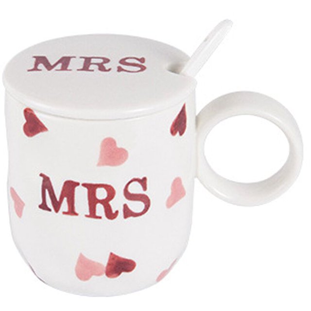 Tazas familiares simples, tazas pequeñas de cerámica frescas para parejas con cucharas y tapas, Mr. and Mugs,