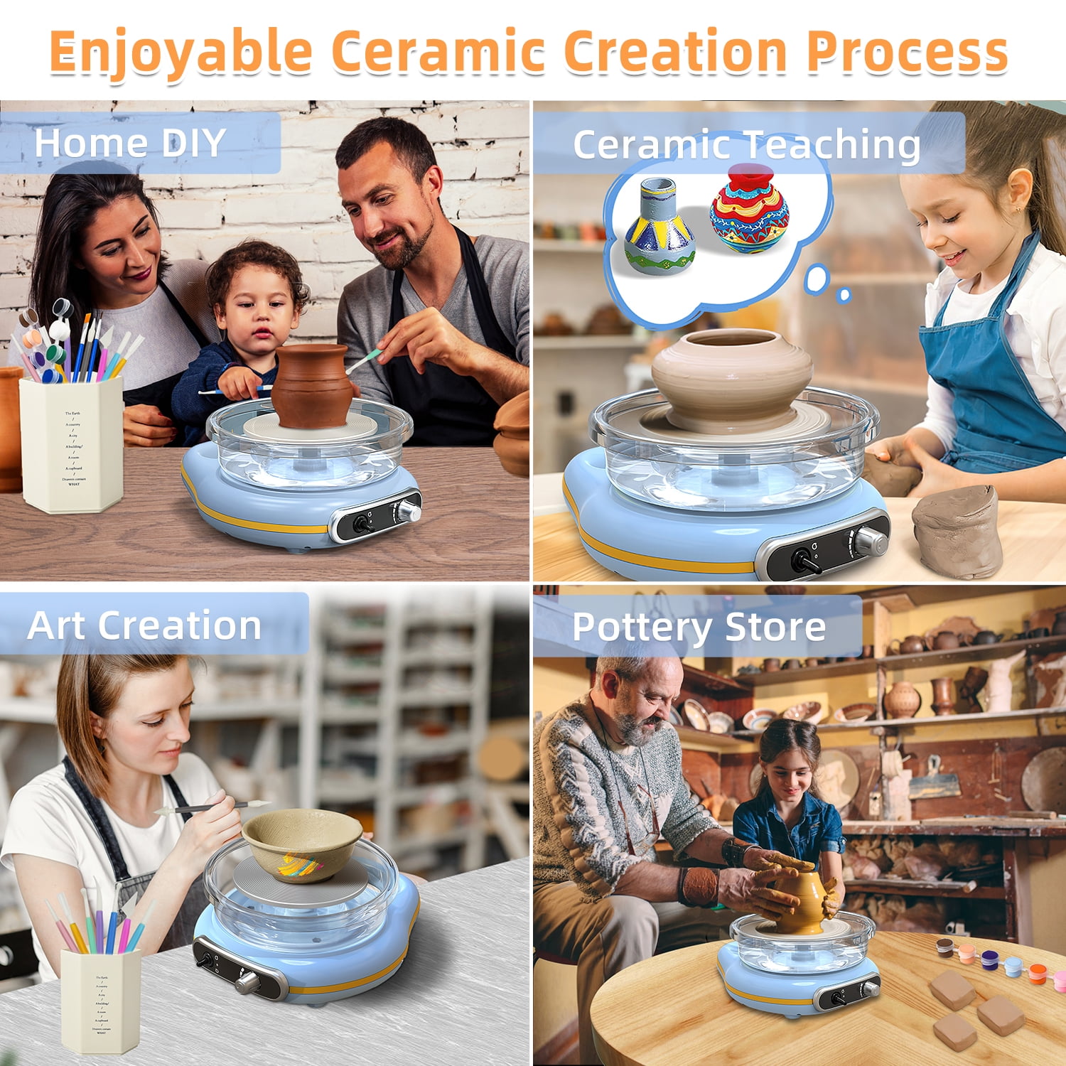 Mini Pottery Wheel Kit, 4.7" Turntable Electric Clay Wheel with Apron, Adjustable Speed Ceramic Making Pottery Machine, DIY Craft Kits for Kids