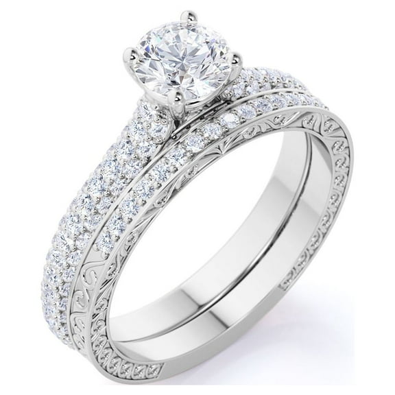 JeenMata 1.75 Carat Round Cut Moissanite Wedding Set - Bridal Set - Two Row Ring - Cluster Ring - 18k White Gold Over Silver