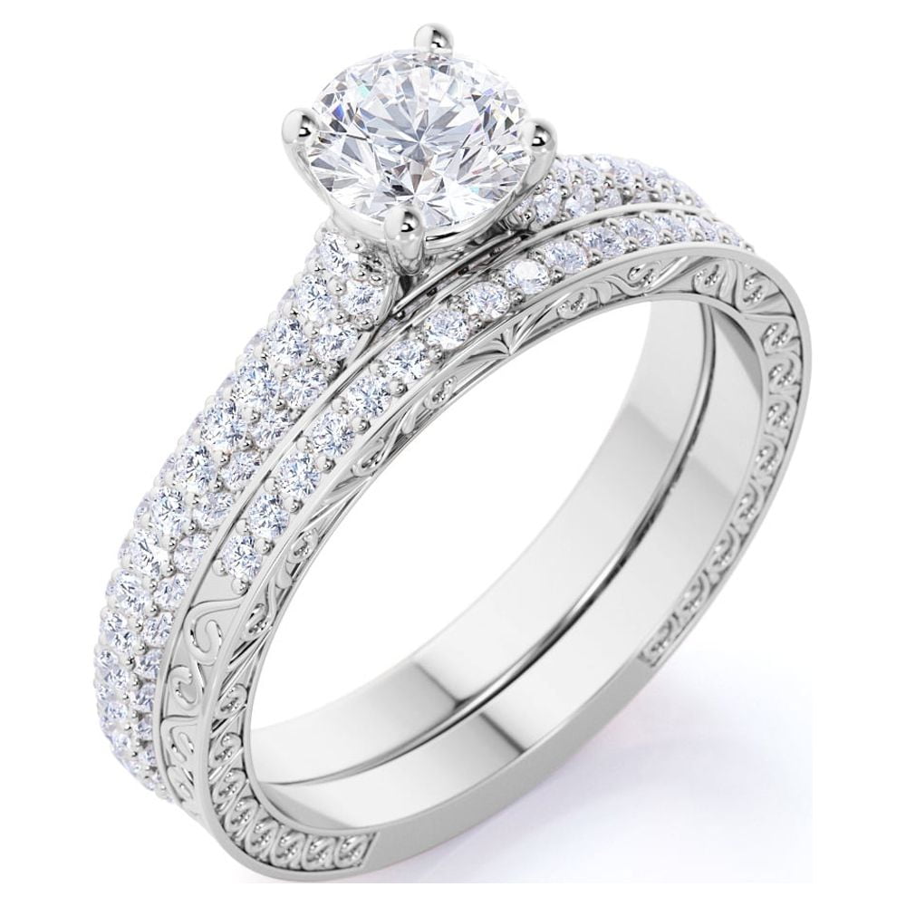 JeenMata 1.75 Carat Round Cut Moissanite Wedding Set - Bridal Set - Two Row Ring - Cluster Ring - 18k White Gold Over Silver
