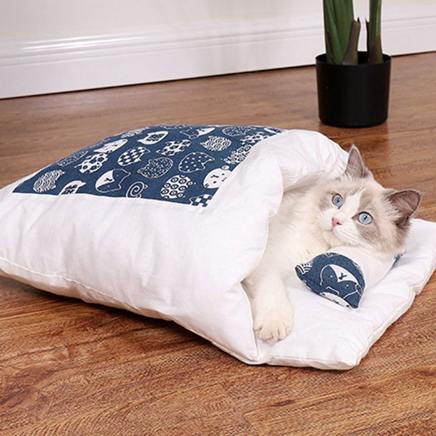 Saco de dormir para gatos, cueva para cama para gatos, linda cama para gatos con almohadas extraíbles, alfombra suave para mascotas, cama para mascotas lavable a máquina, patrón de gato azul L