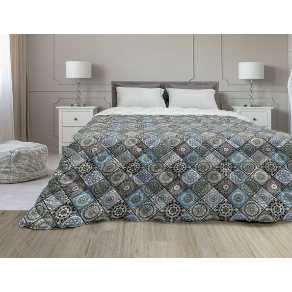 Moroccan Down Alternative Comforter, Floral Framework Faded Leaf Ornaments Old Fashioned Blossoms, Microfiber Quilt for All Season, 5 Sizes, Coral Peach Blue, by Ambesonne