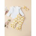 thumbnail image 2 of Seyurigaoka 2 Pcs Baby Girls Clothes Set Ruffle Trim Long Sleeve Buttons Round Neck Romper Flower Print Flared Pant with Headband for 0-24M Toddler Kids, 2 of 8