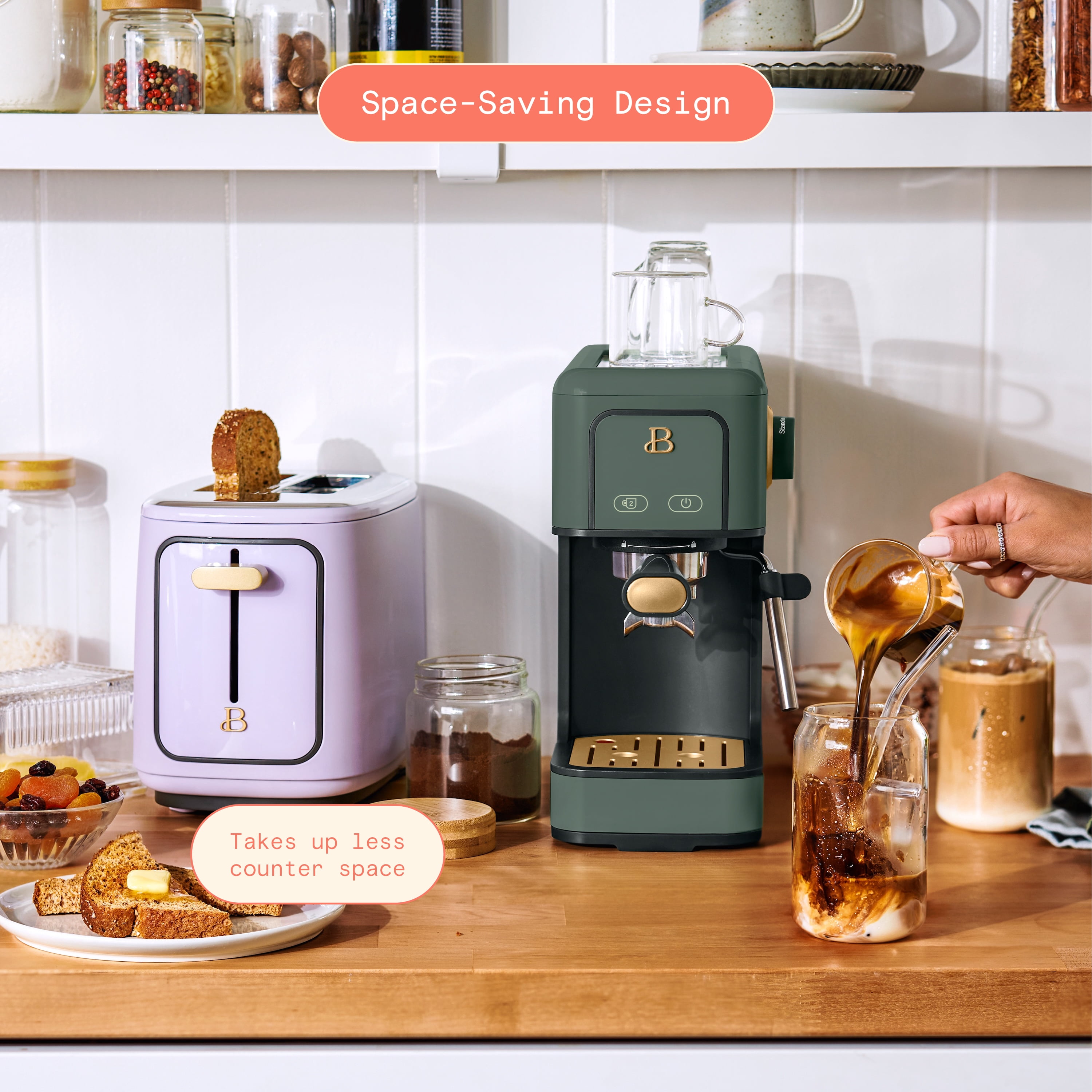 Beautiful Slim Espresso Machine with 20-Bar Pressure, Thyme Green by Drew Barrymore
