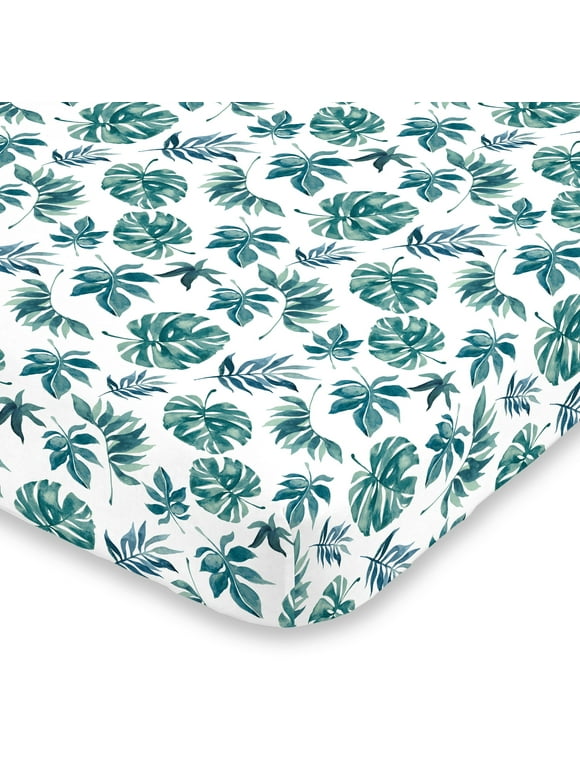 NoJo Green and White Palm Leaf Mini Crib (portacrib) fitted sheet, Unisex, Fits Portacrib, Polyester
