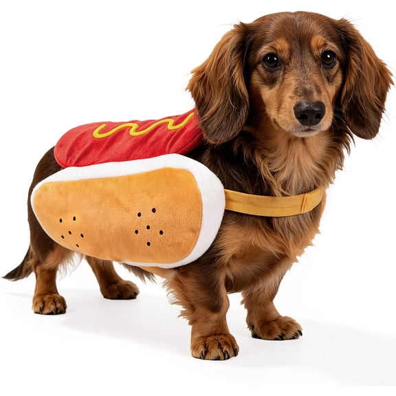 Halloween dog hot dog costume, fun Halloween hot dog pet costume with adjustable shoulder straps for a safe fit to the body