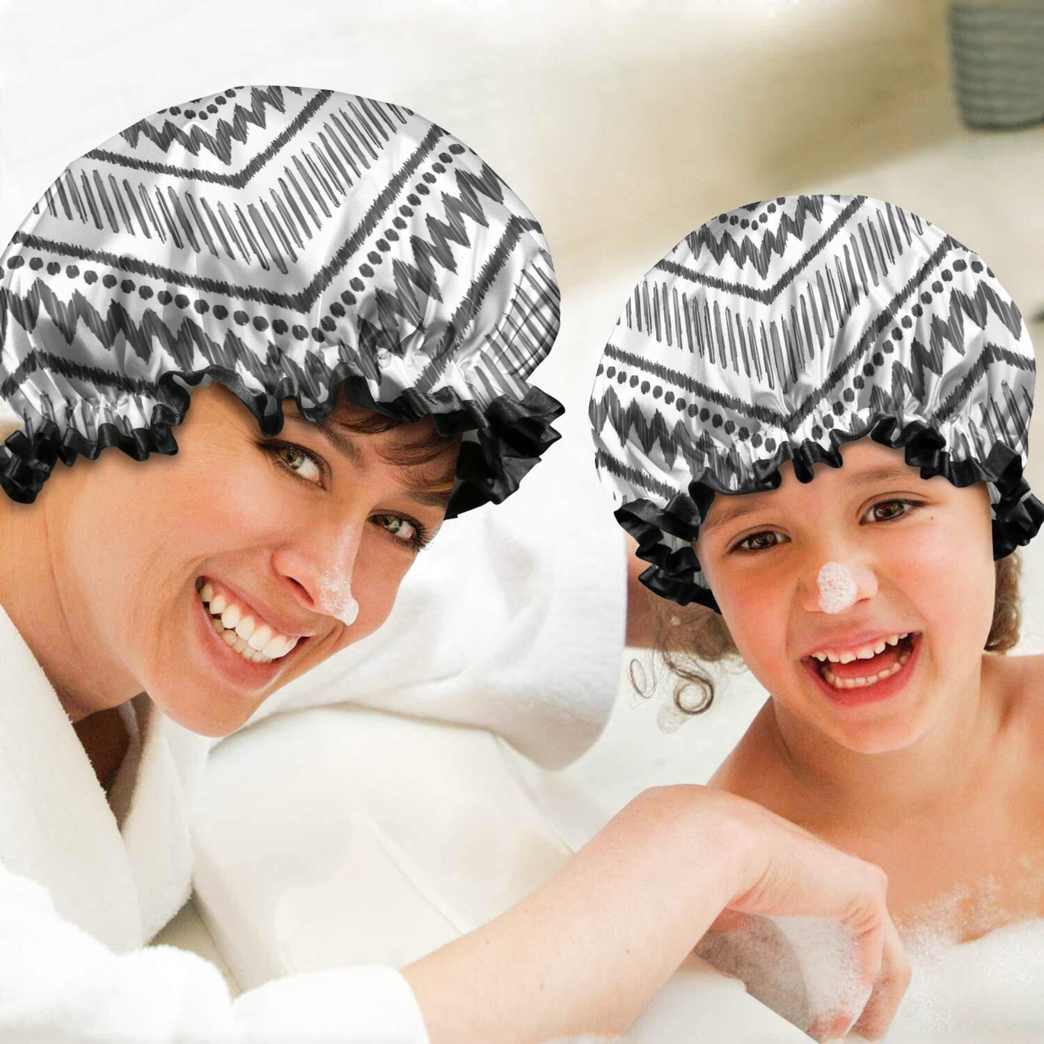 Shower Caps,Black Geometric Chevron Dot Pattern Waterproof Shower Cap for Women 4 Pieces,Double Reusable Hair Cover for Shower PEVA Elastic Stretch Hem