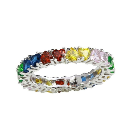 Rhodium Plated 925 Sterling Silver Multi-Colored Heart Rings Band Multi-color CZ Female Size 8