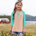 thumbnail image 3 of DxhmoneyHX Girls 3/4 Length Sleeve Cotton Shirts Dressy Button V Neck Henley Shirt Casual Block Raglan Tunic Blouses Age 3-14 Years, 3 of 6