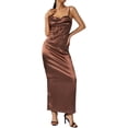 thumbnail image 4 of VISgogo Vestido largo ajustado de satén para mujer, sin mangas, correa de espagueti, cuello alto, color sólido, vestido de cóctel VISgogo moda, 4 of 9