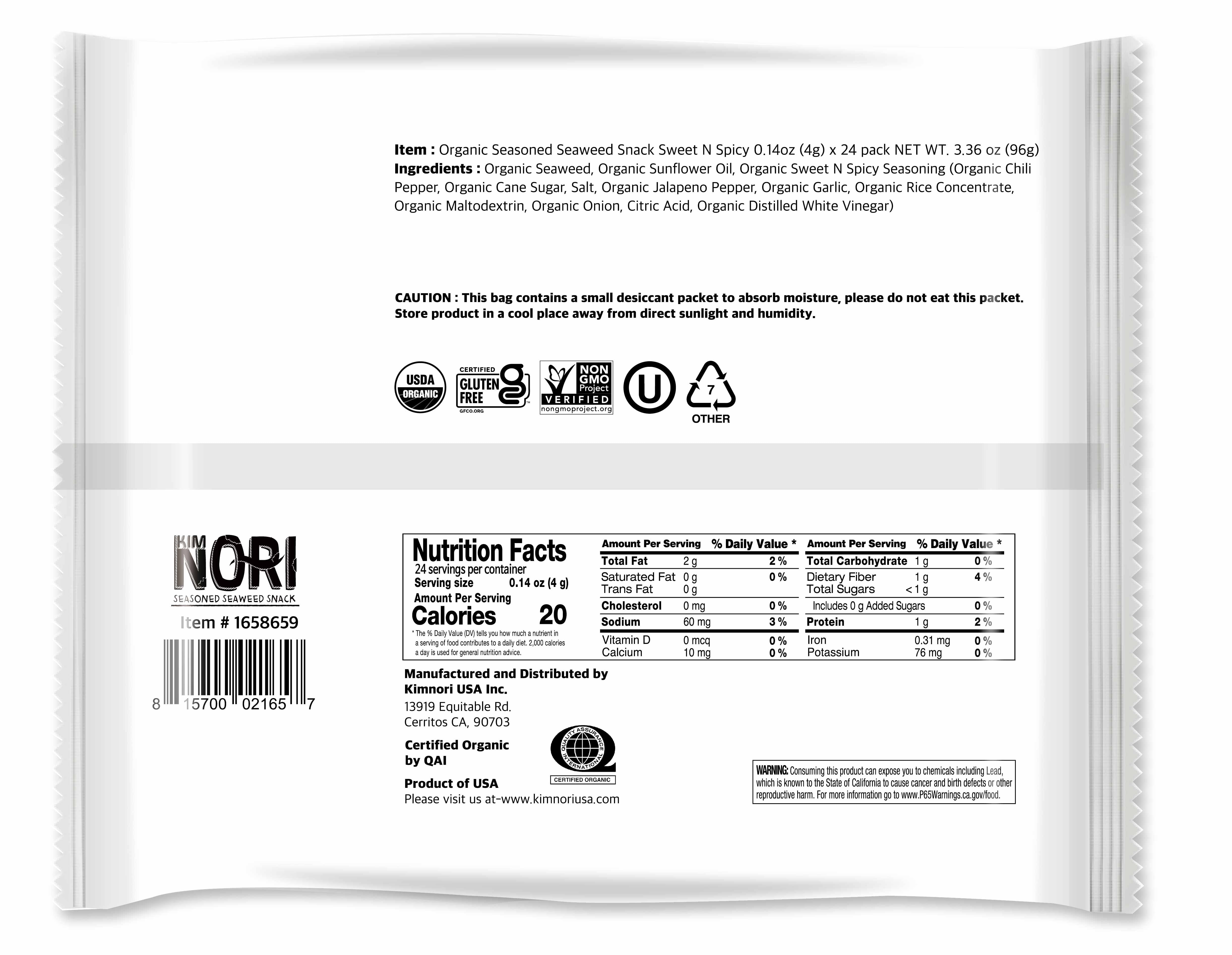 Organic Kimnori Seasoned Roasted Seaweed Snacks, Sweet 'N Spicy