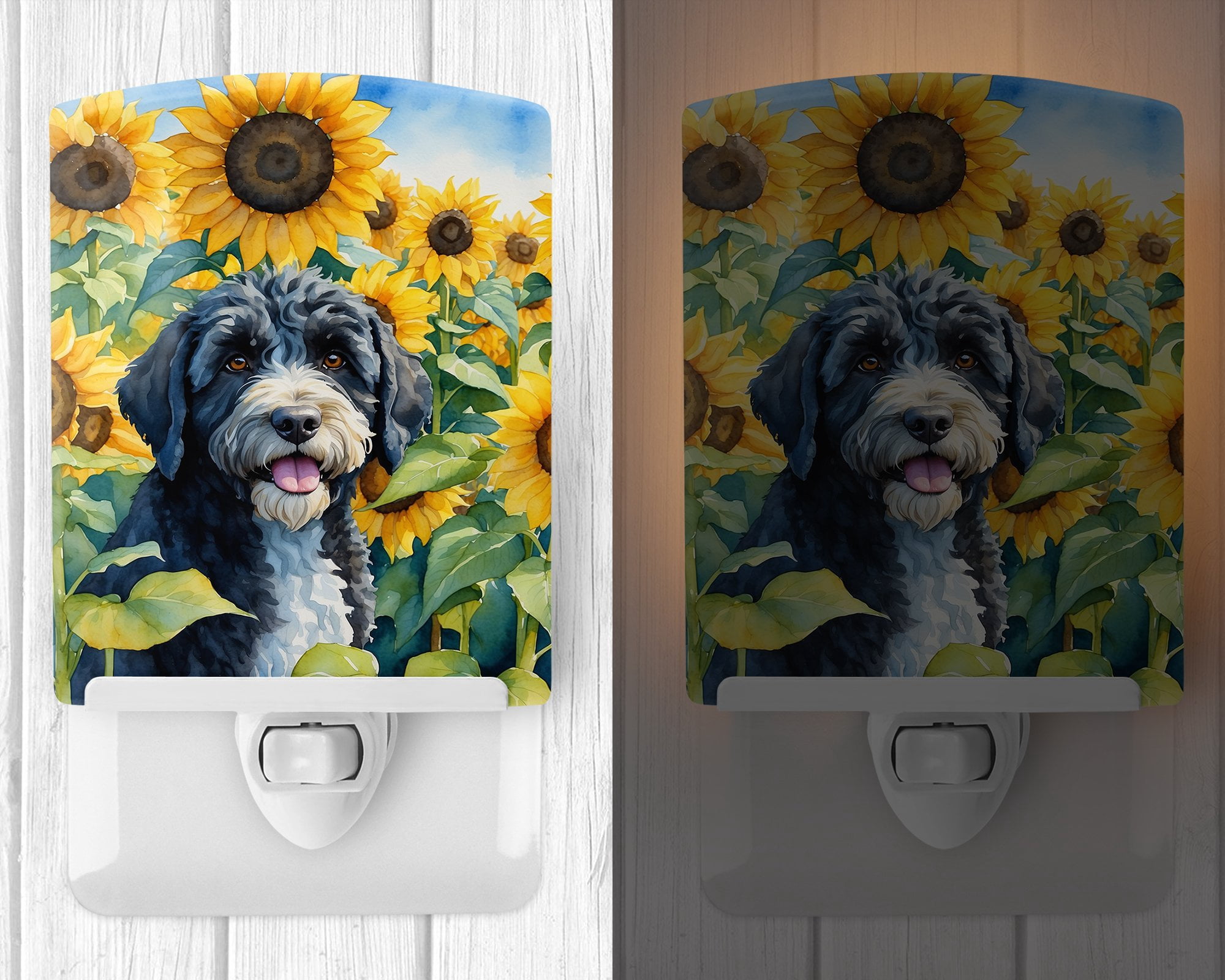 Portuguese Water Dog in Sunflowers Ceramic Night Light 4 in x 6 in