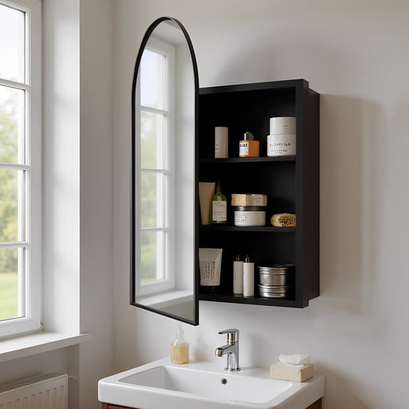 LICHENGTAI Arched Bathroom Medicine Cabinet Mirror with Storage,Surface Mount Wall Cabinet,Recessed Medicine Cabinet Mirror,Cupboard Ready Assembled